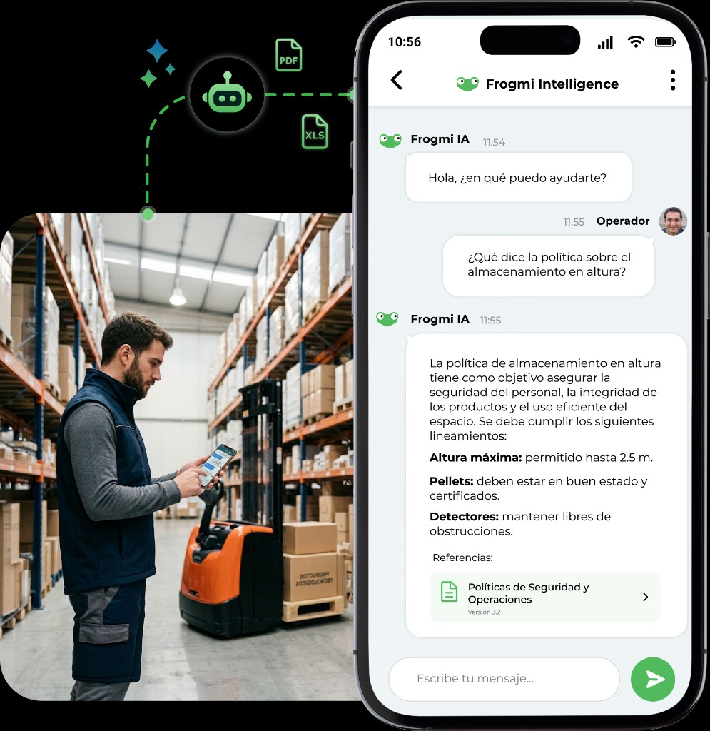 Asistente IA del colaborador respondiendo consultas del equipo en Frogmi