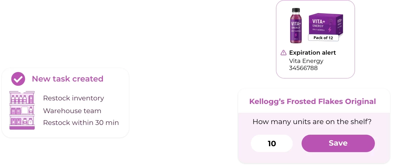 Frogmi app cards: stock replenishment task, expiration alert, and on-shelf unit count
