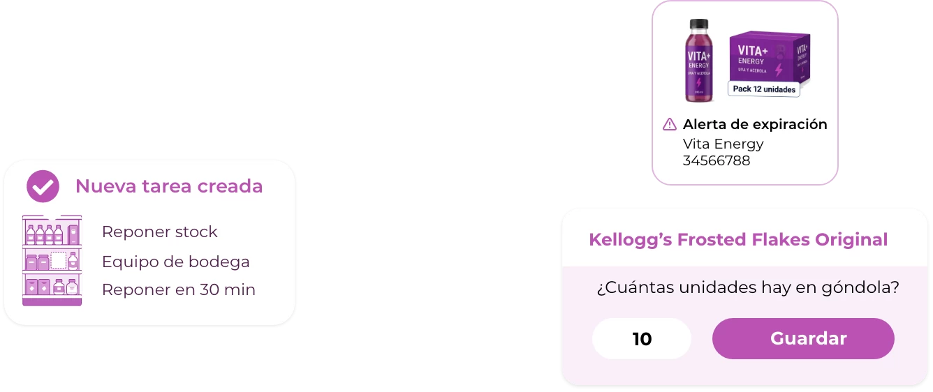 Tarjetas de la app Frogmi: tarea de reposición de stock, alerta de expiración y conteo de unidades en góndola