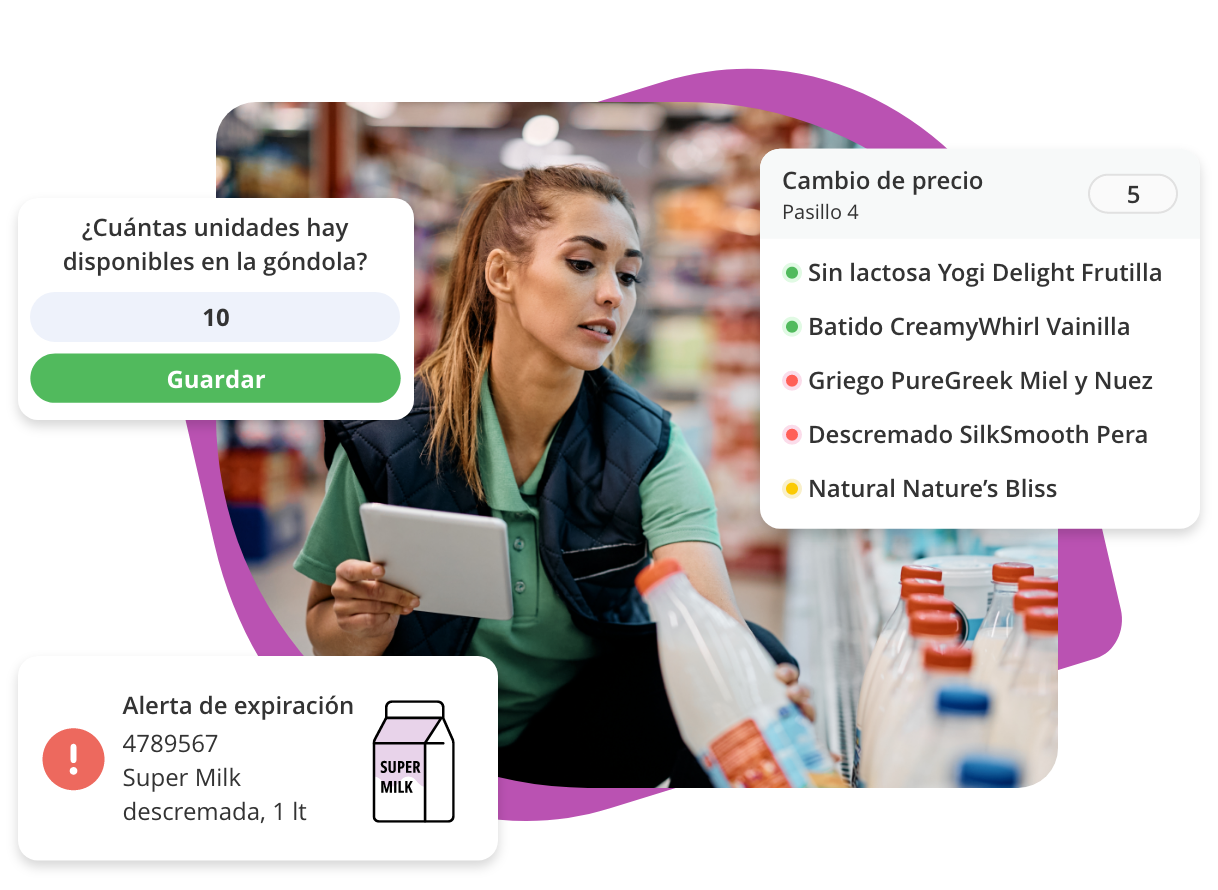 Personal en tienda usando aplicación móvil de Frogmi para gestionar inventario, verificar alertas de expiración y actualizar precios en tiempo real