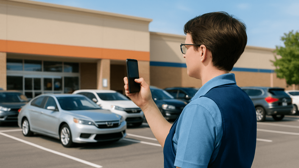 Trabajador de retail auditando estacionamiento de tienda con App de Frogmi