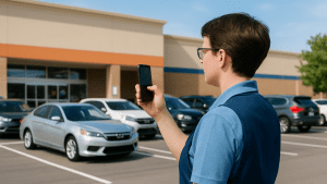 Trabajador de retail auditando estacionamiento de tienda con App de Frogmi
