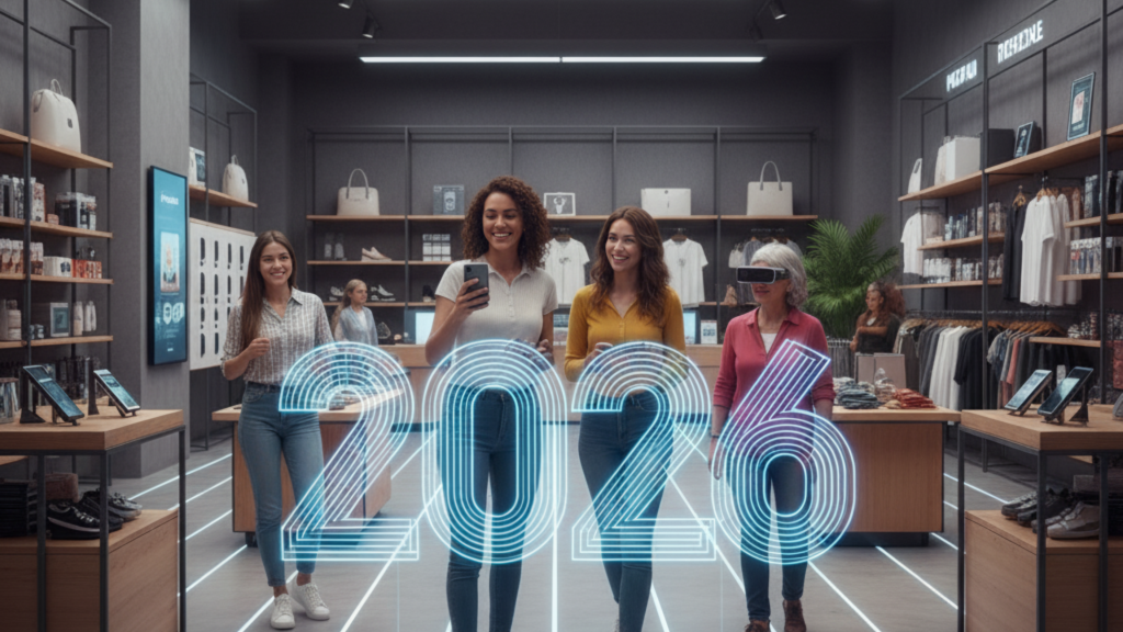 Mujeres jóvenes y felices en una moderna tienda de retail, con el número "2026" en neón azul flotando prominentemente en el centro. La tienda tiene estanterías con productos, un diseño minimalista y líneas de luz en el suelo, transmitiendo innovación y la visión de futuro del sector retail. Una mujer usa gafas de realidad virtual, y otra mira su celular, aludiendo a la integración tecnológica en la experiencia de compra.  /. Young, happy women in a modern retail store, with the number "2026" in blue neon floating prominently in the center. The store has shelves with products, a minimalist design, and lines of light on the floor, conveying innovation and the future vision of the retail sector. One woman wears virtual reality goggles, and another looks at her cell phone, alluding to technological integration in the shopping experience.