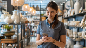 Empleada de retail utilizando dispositivo móvil en tienda para sincronización operativa / Retail Associate Using Mobile Device for In-Store Operational Alignment