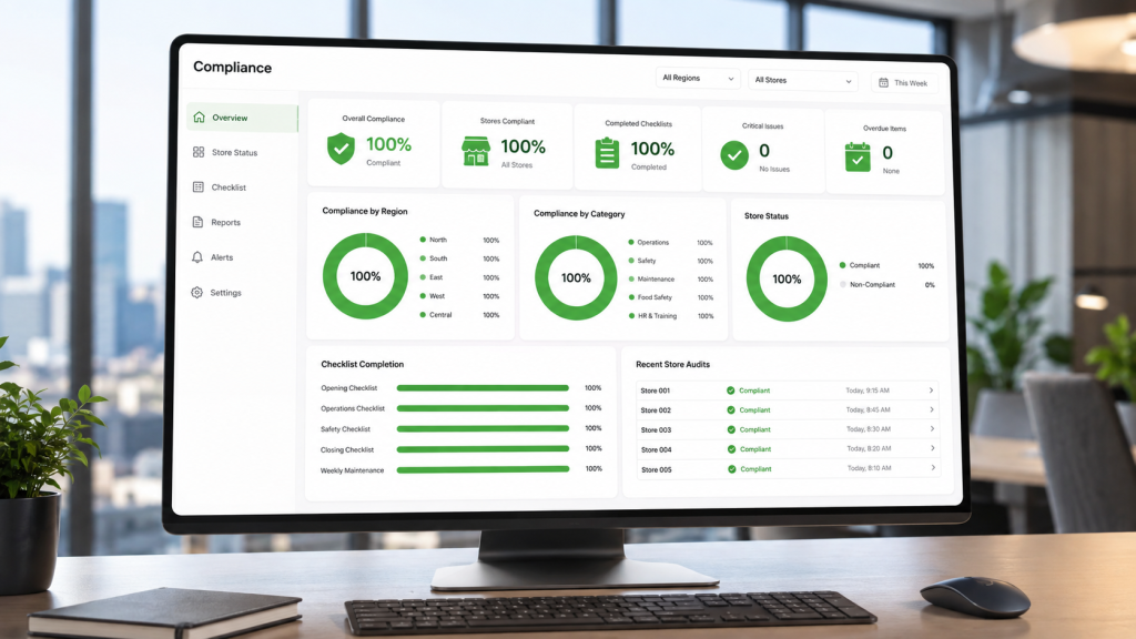 Store compliance dashboard showing 100% across every region, category and checklist